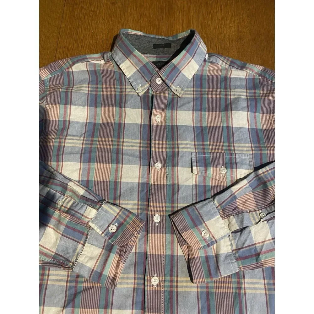 J. Crew Slim Fit Button Down Shirt Men L Multicolor‎ Plaid LS Preppy Summer
